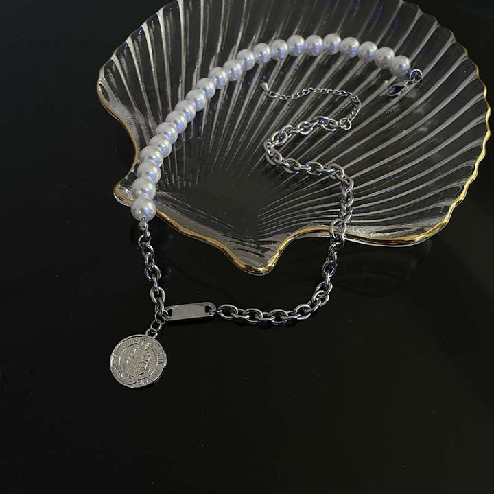 Nisje Pearl Stitching Round Plate Pendant Titanium Steel Necklace