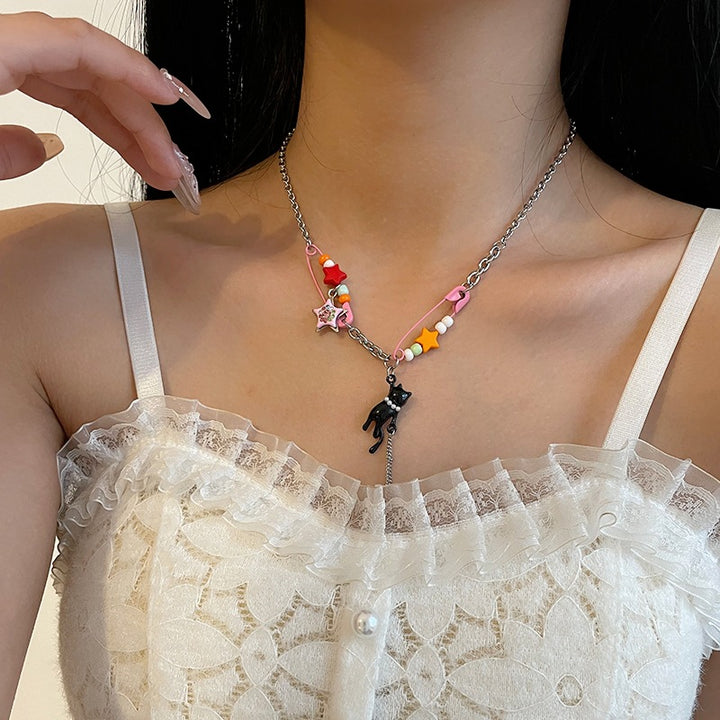 Color Pin Stitching Stars Kitten Necklace Dopamine