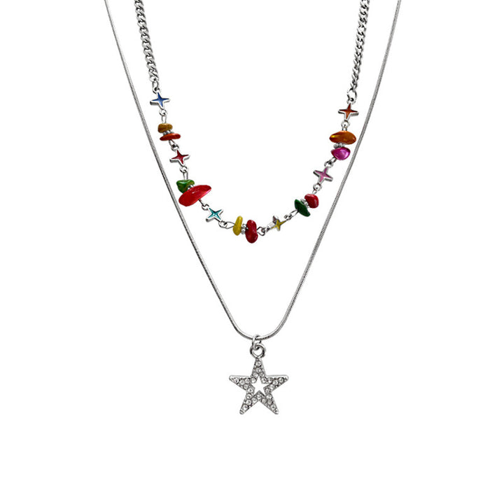 Colored Gravel Cross Stitching Stars Necklace