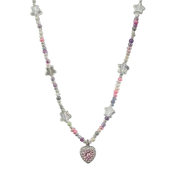 Colorful Beaded Stitching Stars Heart Necklace