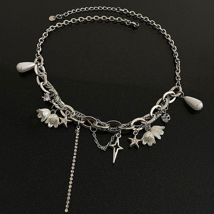 White Flower Stitching Pearl Tassel Necklace