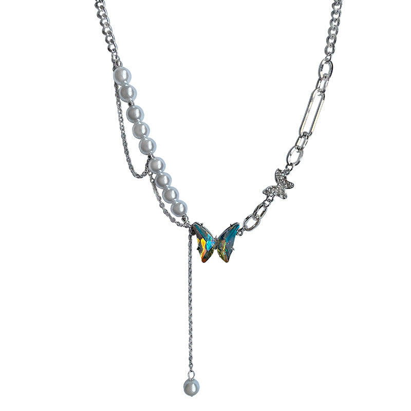Colorful Diamond Butterfly Stitching Pearl Tassel Necklace