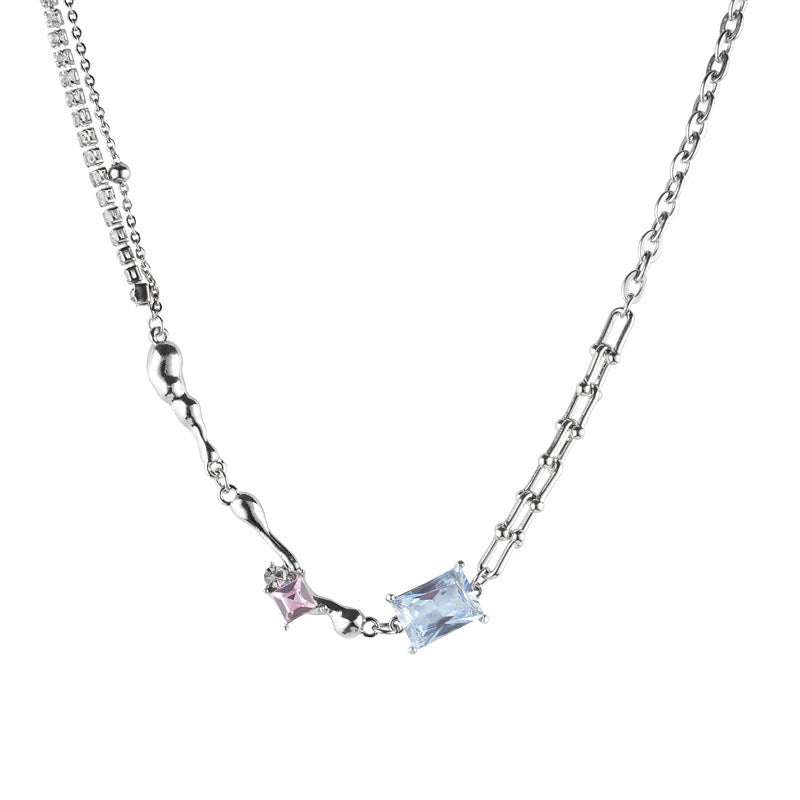 Simple Pink And White Square Diamond Necklace Light Luxury