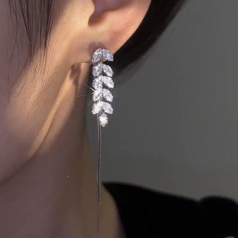 Full Rhinestone Zircon Leaves Tassel Hanging Earrings Long Earrings