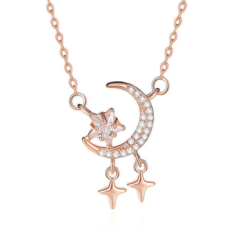 Colar feminino estrela lua zircão prata esterlina s925 prata