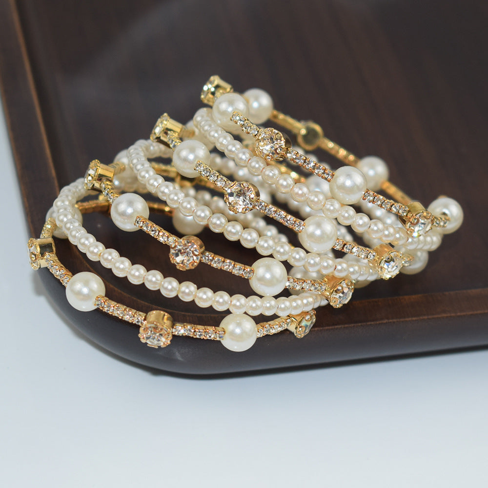 Pulsera simple de diamano de diamantes de diamantes de perlas de múltiples capas para mujeres