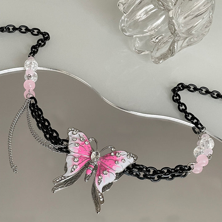 Europäische und amerikanische übertriebene rosa Schmetterlingsschwarzkette Halskette