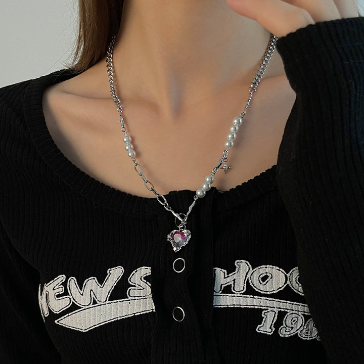 Lila diamantherzförmige mehrteilige Perlenkette für Frauen leichter Luxus