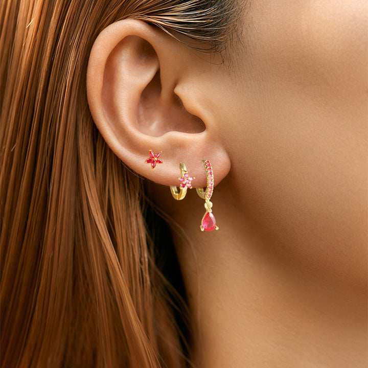 Flower Rhinestone-embedded Twin Stacked Earrings Water Drop