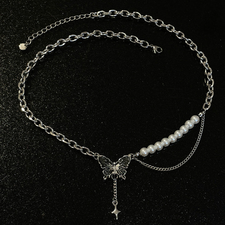 Black Butterfly Stitching Pearl Necklace