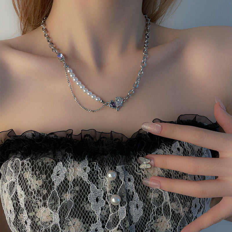 Colier de perle cu mai multe părți în formă de inimă, cu diamant alb dulce, dulce, în formă de inimă