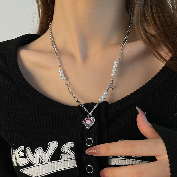 Paarse diamanten hartvormige multi-delige parelketting voor vrouwen licht luxe