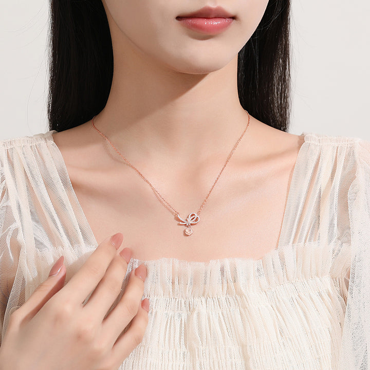 S925 Silver Diamond Bow Necklace Fimbrilla Ornament