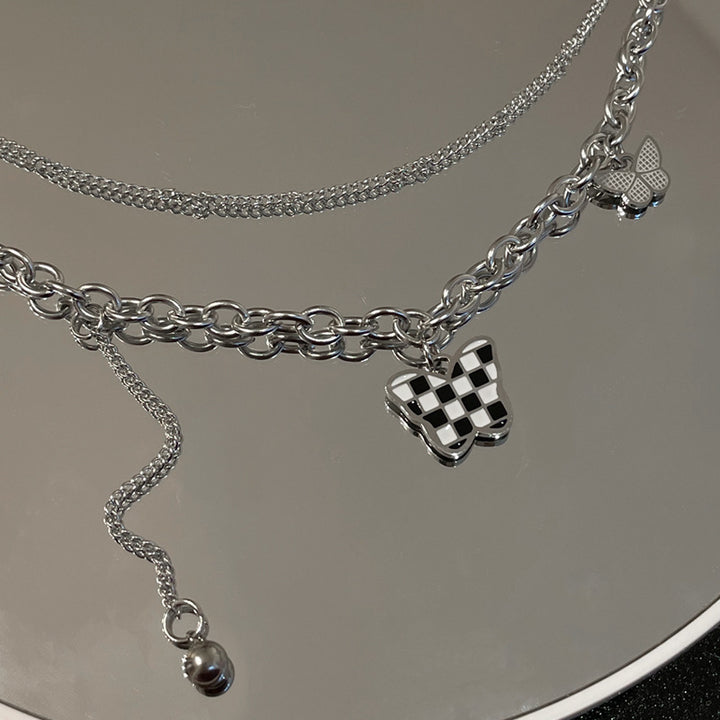 Black And White Checkered Double-layer Butterfly Necklace