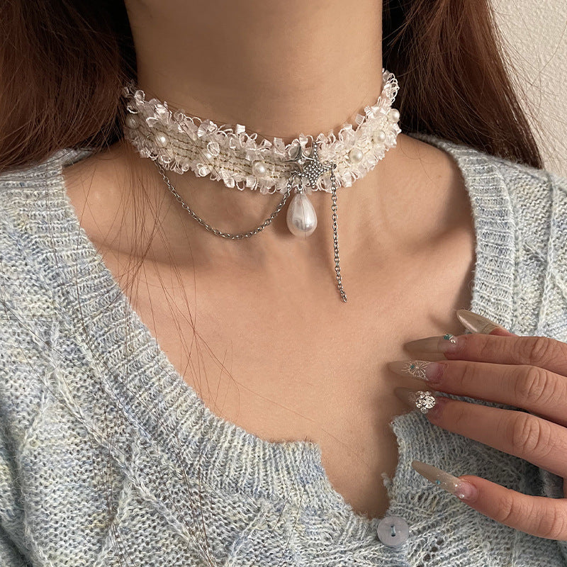 Weißer Spitzen -Asterismus Perle Quasten Halskette