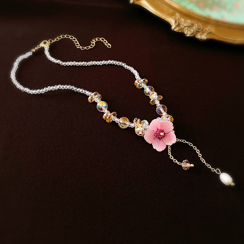 Female Crystal Diamond Flower Pearl Tassel Necklace