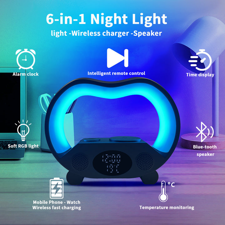 Seis en uno control remoto inteligente Bluetooth Ambience Light Multi-Function Wireless Charger