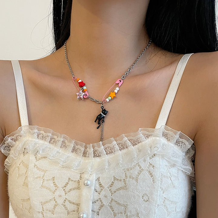 Color Pin Stitching Stars Kitten Necklace Dopamine