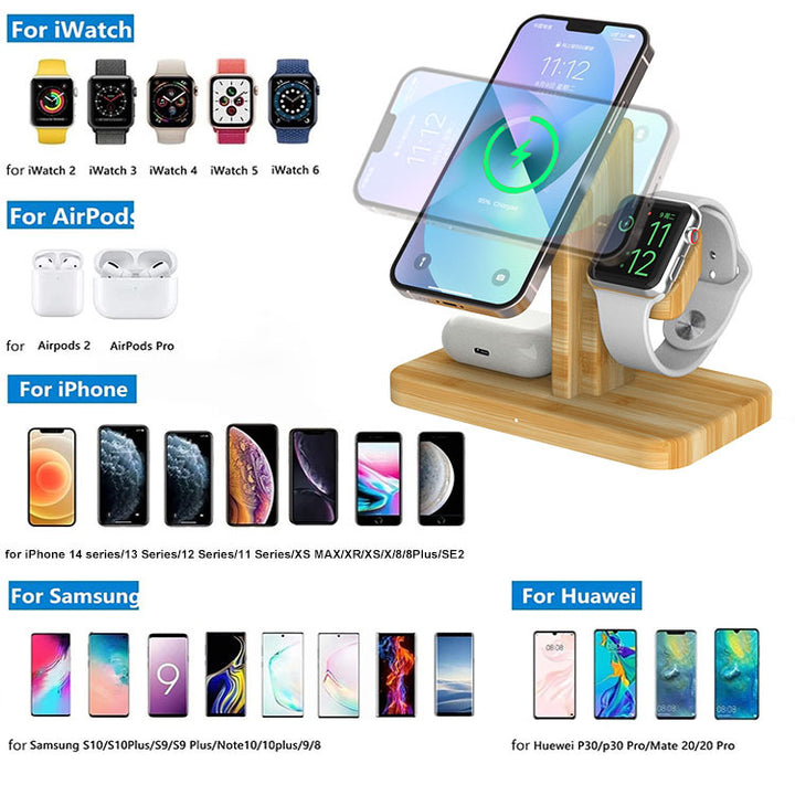 Bamboo Wireless Charger Three-in-one Multifunctional Desktop Phone Holder