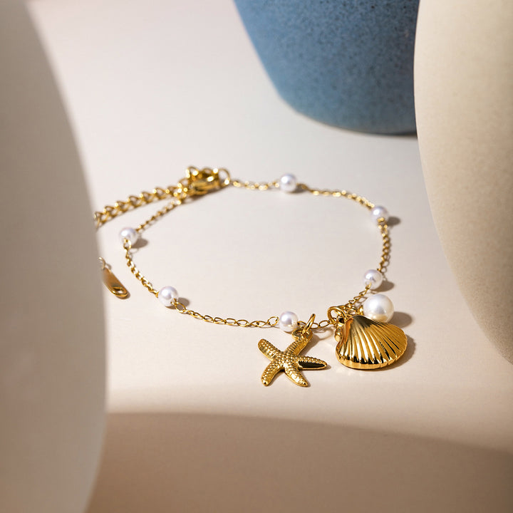Modeschmuck 18k Gold Edelstahl Perle Kette Sommer Holiday Shell Seestarfish Anhänger Armband