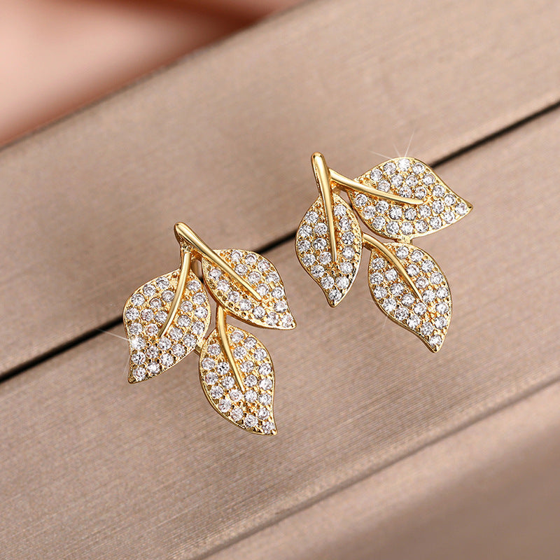 Rhinestone Leaf-shapepd Stud Earrings Women's Trendy Exquisite