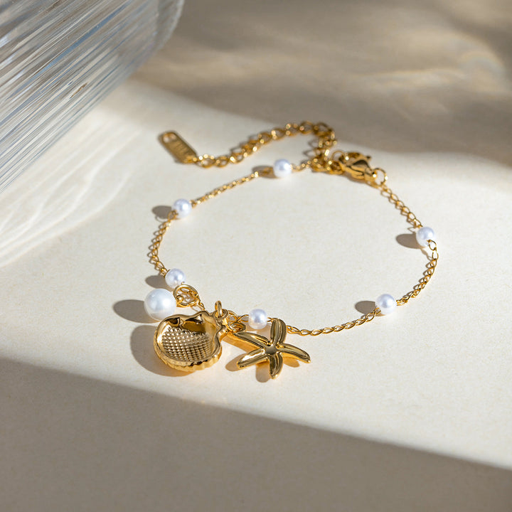 Modeschmuck 18k Gold Edelstahl Perle Kette Sommer Holiday Shell Seestarfish Anhänger Armband