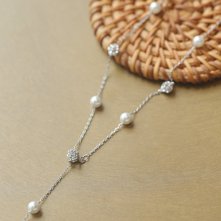 Spacer Pearl Flash Rhinestone Ball Necklace Women's Sterling Silver