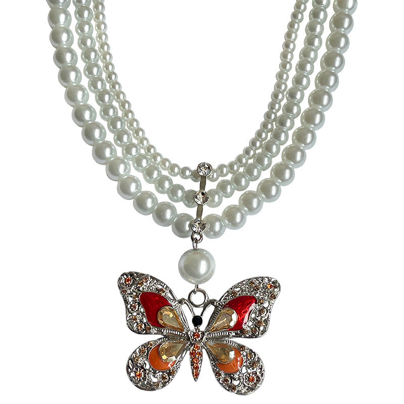 French Multi-layer Pearl Red Butterfly Necklace