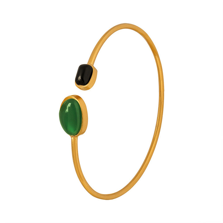 Simple Gold Alloy Inlaid Green Irregular Resin Open-end Bangle Bracelet