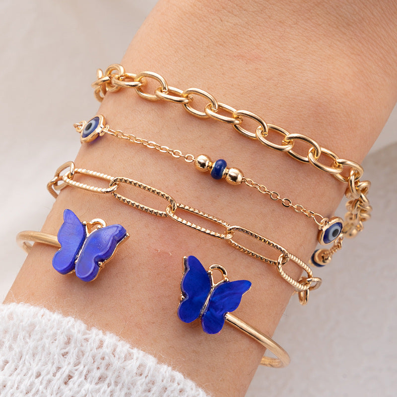 Blue Butterfly Diamond bezaaide holle vierlaags armband