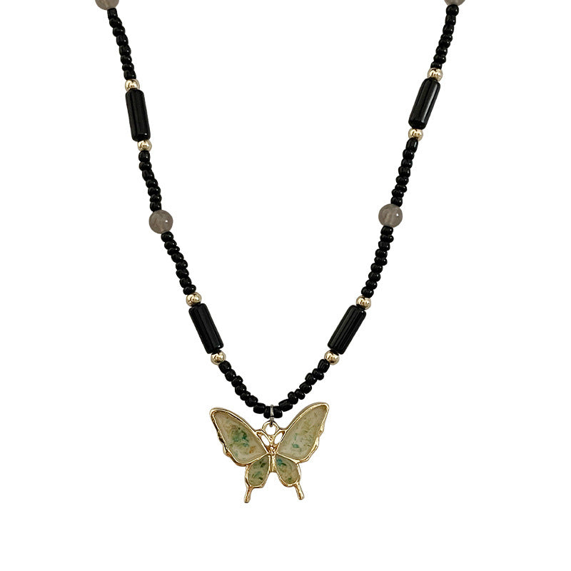 Black Beaded Butterfly Pendant Necklace