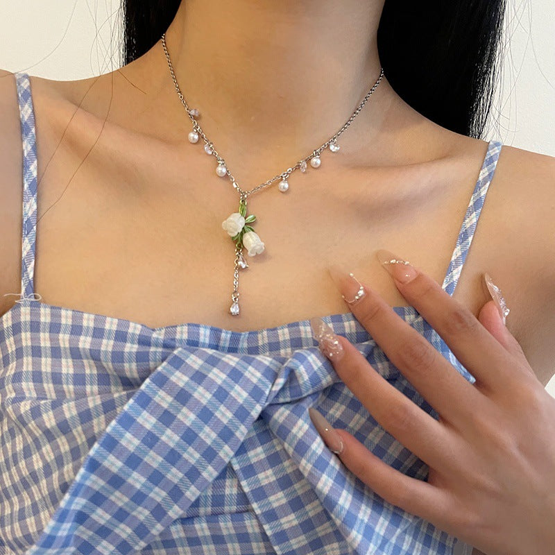 Sweet Cool White Flower Pearl Tassel Necklace