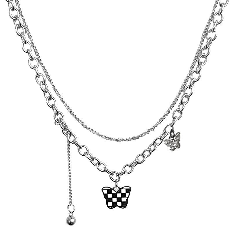 Black And White Checkered Double-layer Butterfly Necklace