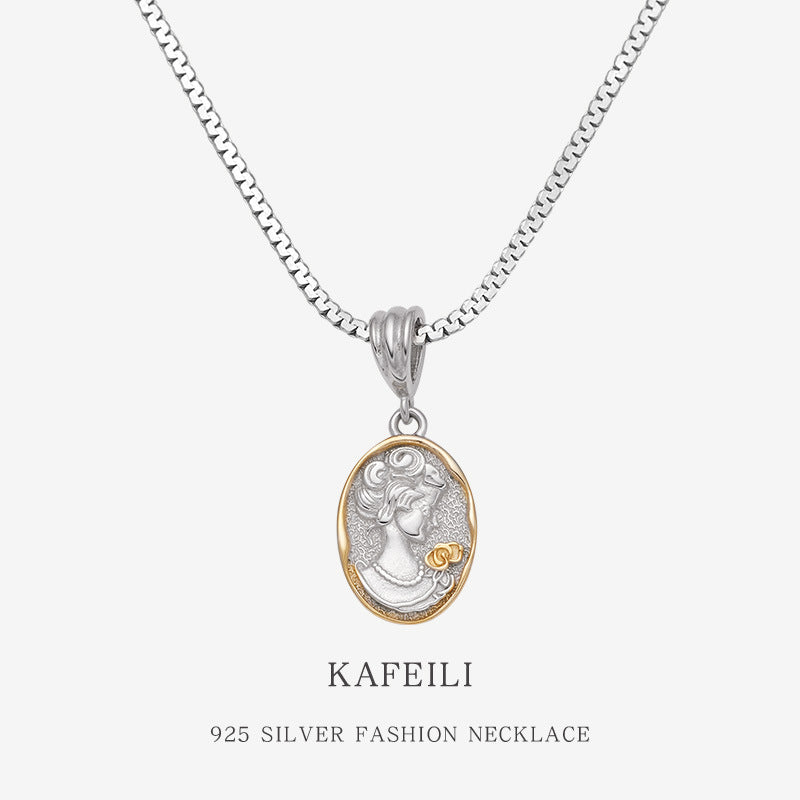 925 Silver Necklace Female Gold And Silver Contrast Color Portrait Texture French Entry Lux Special-interest Design