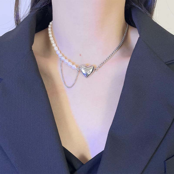 Niche Pearl Stitching Love Pendant Titanium Steel Necklace