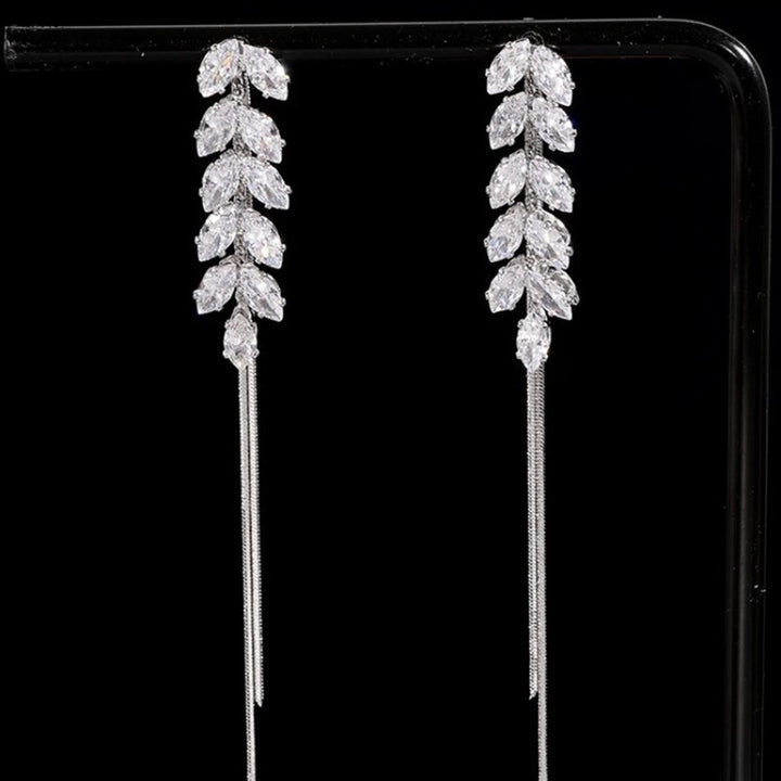 Full Rhinestone Zircon Leaves Tassel Hanging Earrings Long Earrings