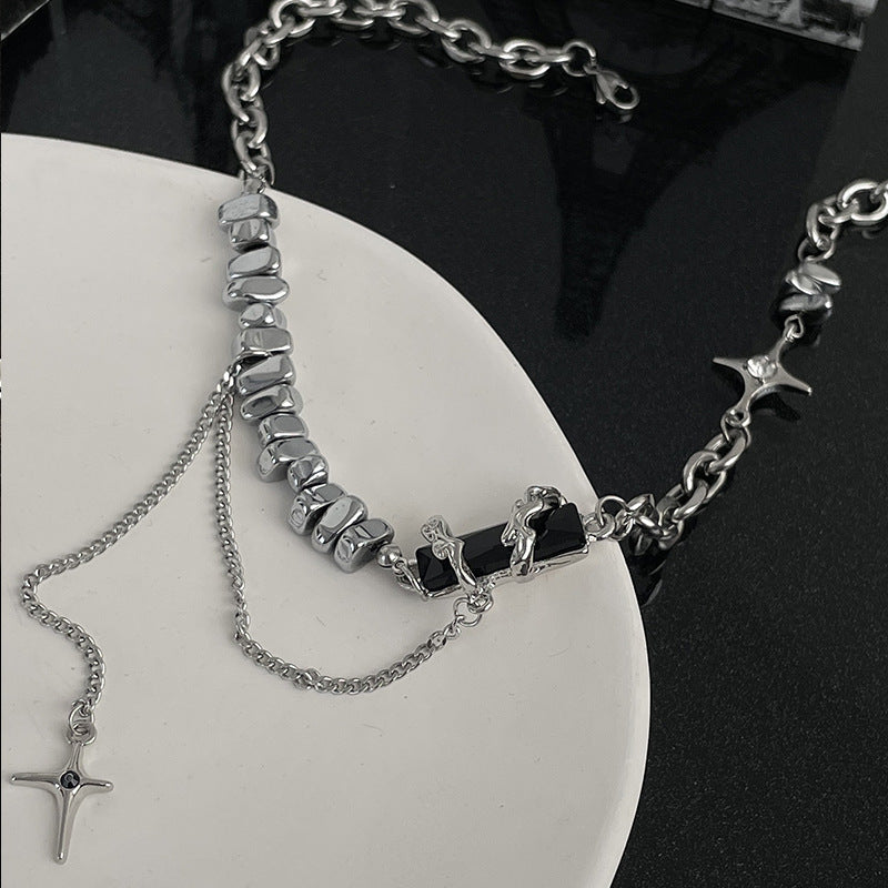 Special-interest Design Black Block Stitching Asterism Cross Necklace
