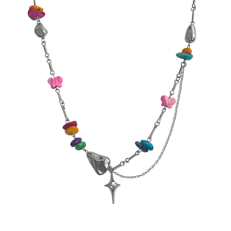 Colorful Gravel Butterfly Stitching Cross Necklace