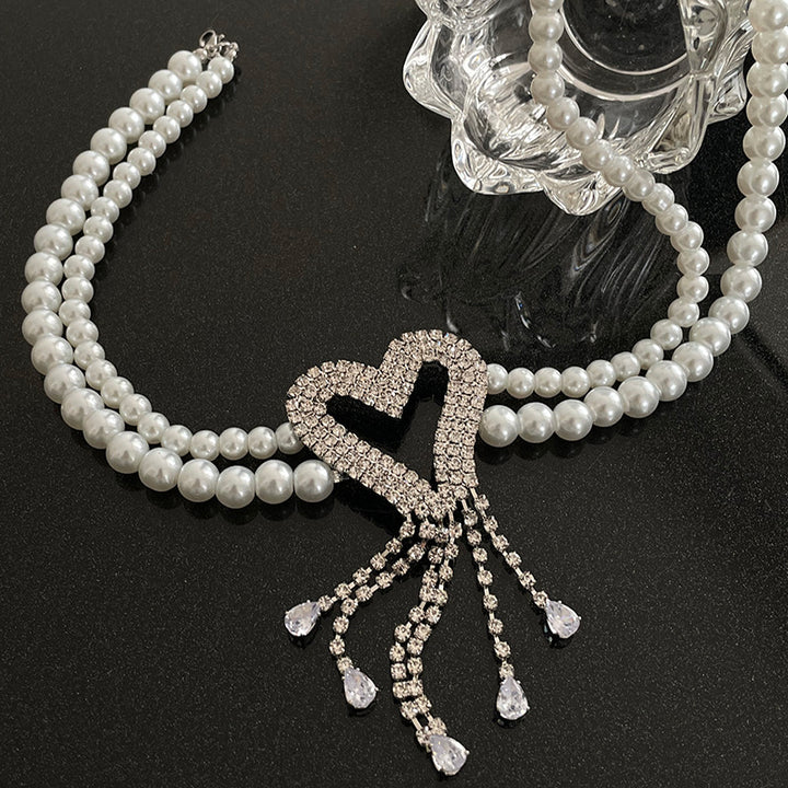 Fully Jeweled Loving Heart Tassel Stitching Pearl Necklace