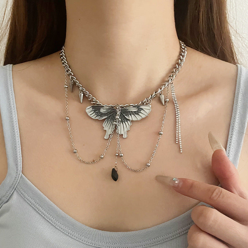 Exaggerated Heavy Industry Butterfly Rivet Tassel Necklace