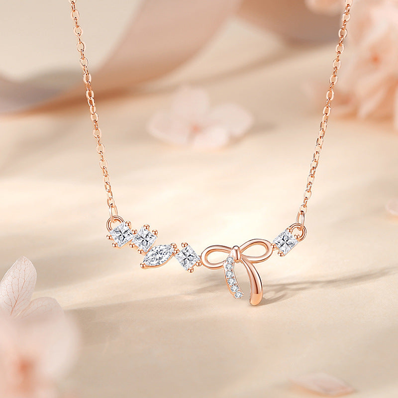 Sterling Silver 925 Bow Necklace Female Korean Exquisite Zircon