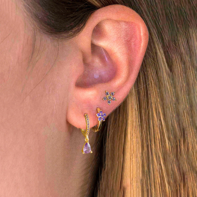 Flower Rhinestone-embedded Twin Stacked Earrings Water Drop