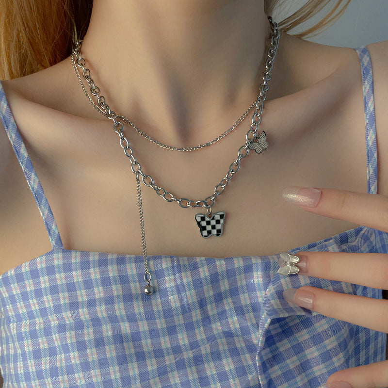 Black And White Checkered Double-layer Butterfly Necklace