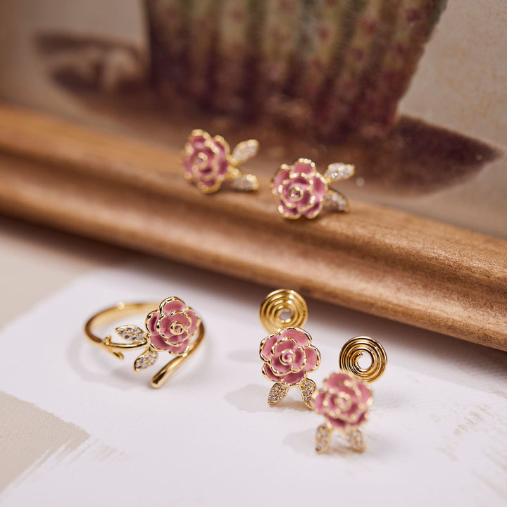 Micro Inlaid Zircon Rose Ear Stud And Ring