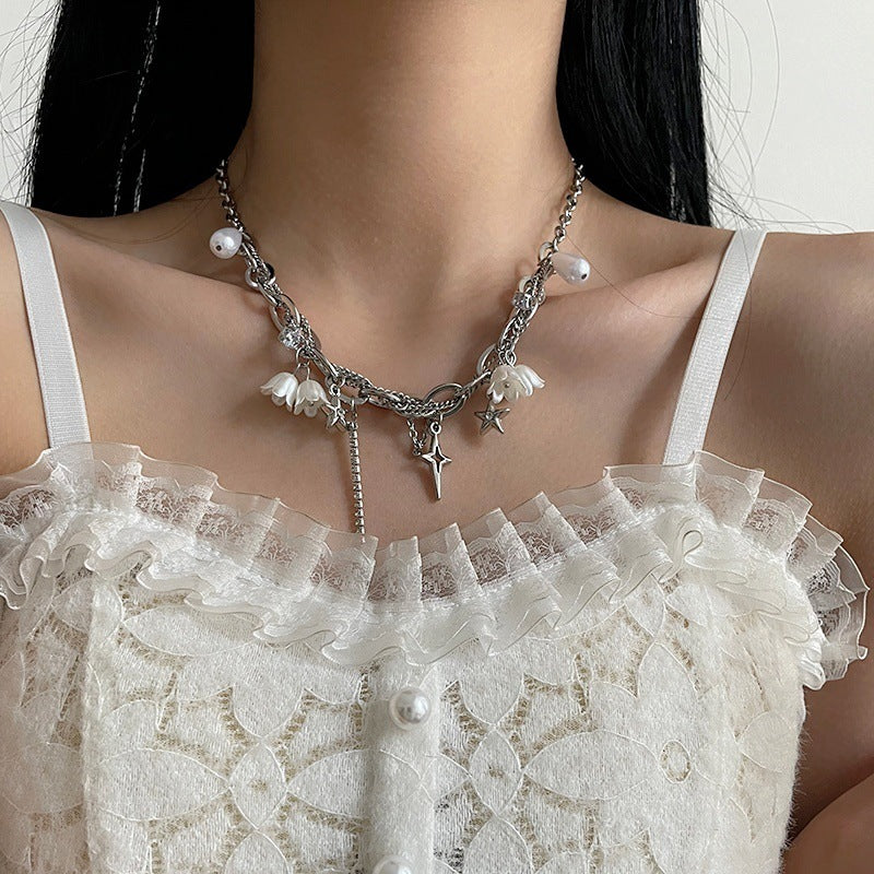 White Flower Stitching Pearl Tassel Necklace