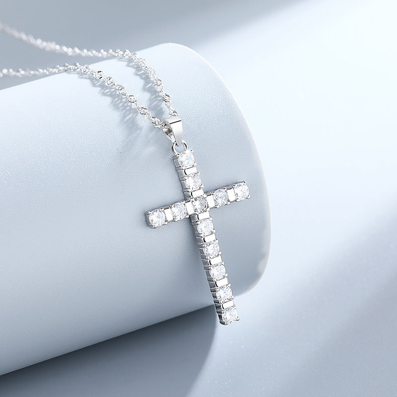 S925 Sterling Silver European And American Hip Hop Style Full Diamond Cross Pendant Hipster Single Row Diamond With Water Wave Chain