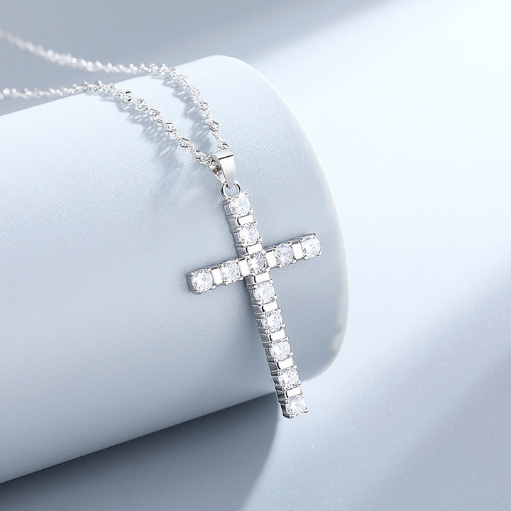 S925 Sterling Sterling Silver European și American Hip Hop Style Full Diamond Cross Pandantiv Hipster Diamante cu un singur rând cu lanț de undă de apă