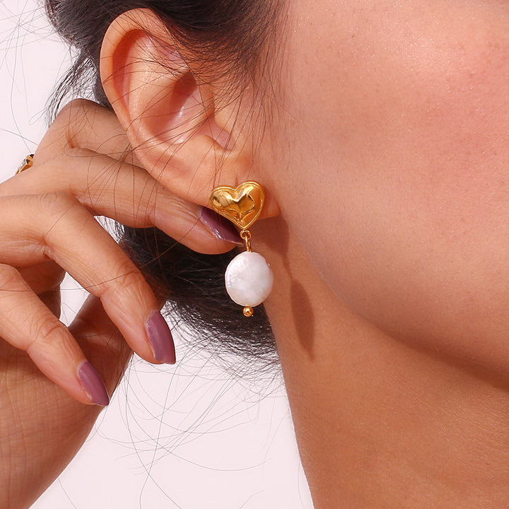 18K Gold Peach Heart Freshwater Pearl Pendant Earrings