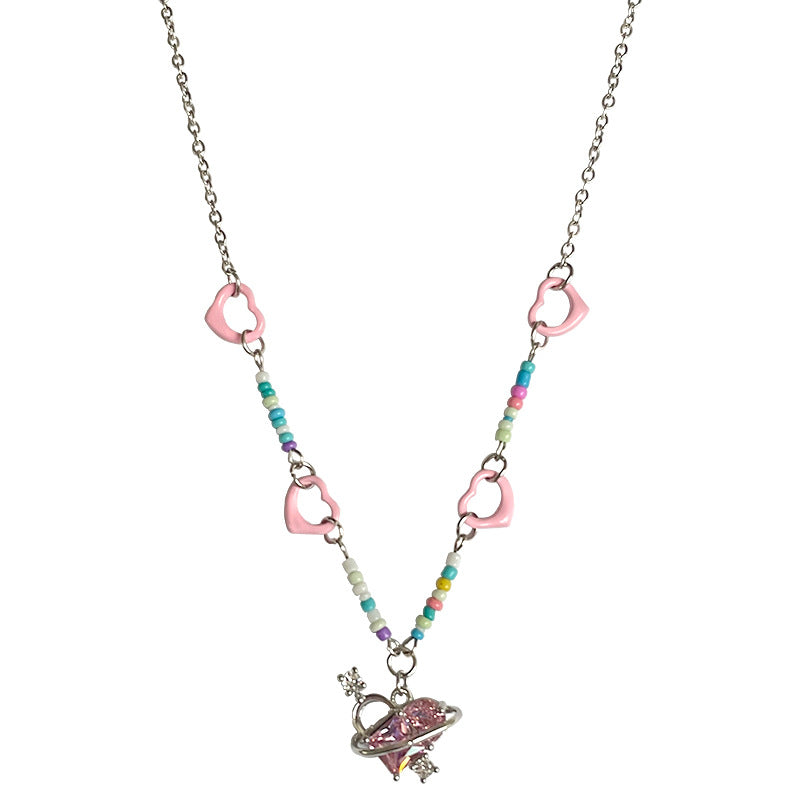 Colorful Beaded Stitching Heart Necklace