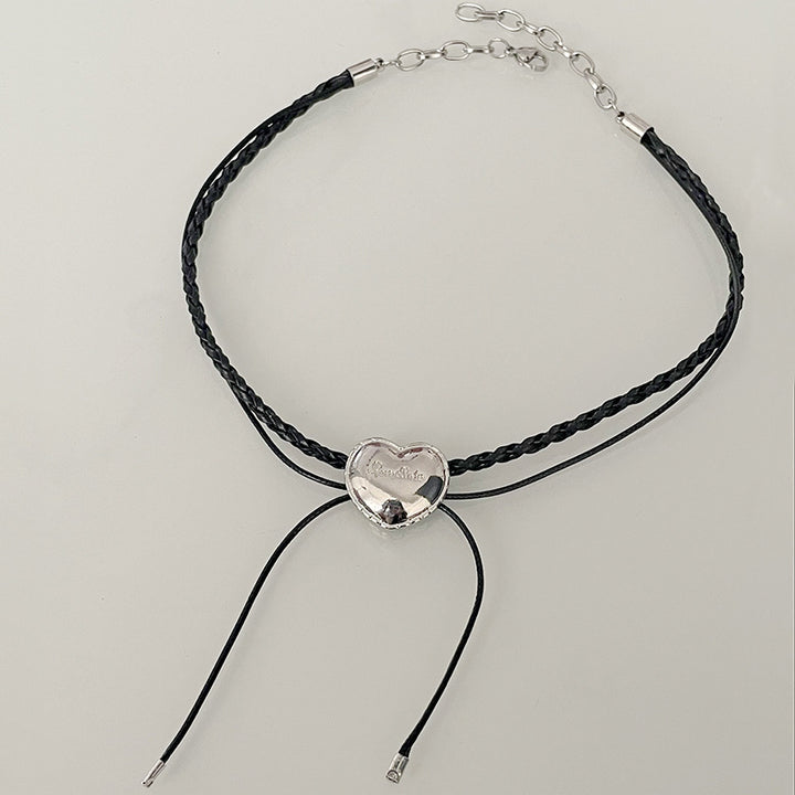 Black Woven Bow Stitching Heart Necklace